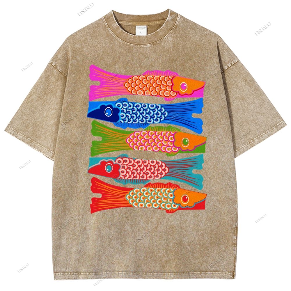 Unisex Japanese Retro Fish Kite Printed Washed Tee