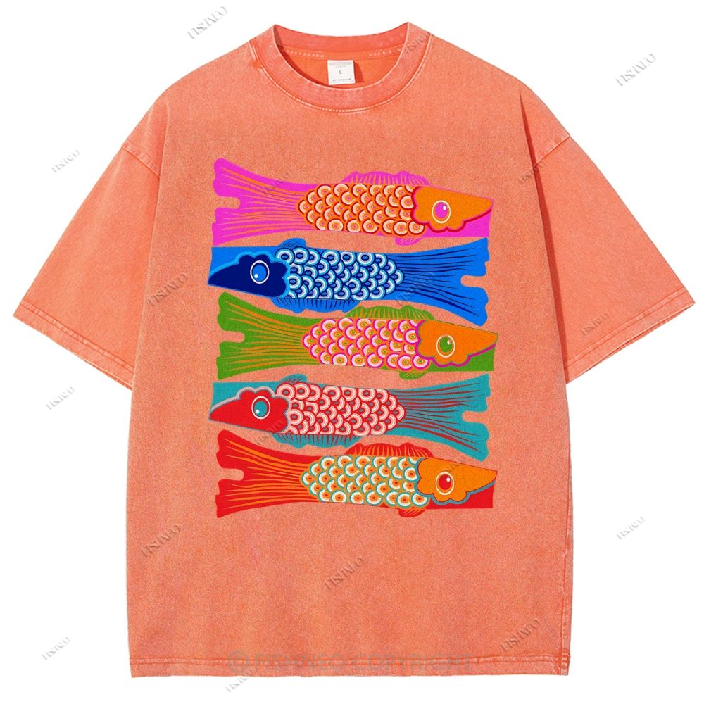 Unisex Japanese Retro Fish Kite Printed Washed Tee