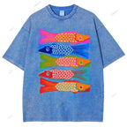 Unisex Japanese Retro Fish Kite Printed Washed Tee
