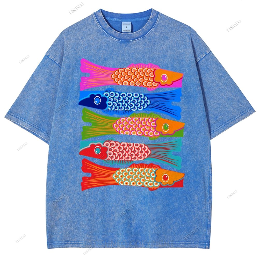 Unisex Japanese Retro Fish Kite Printed Washed Tee