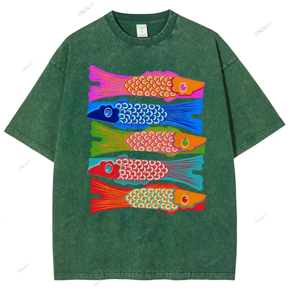 Unisex Japanese Retro Fish Kite Printed Washed Tee