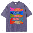 Unisex Japanese Retro Fish Kite Printed Washed Tee