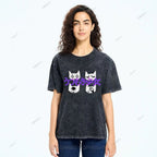 Unisex Japanese Cat Printed Washed Tee