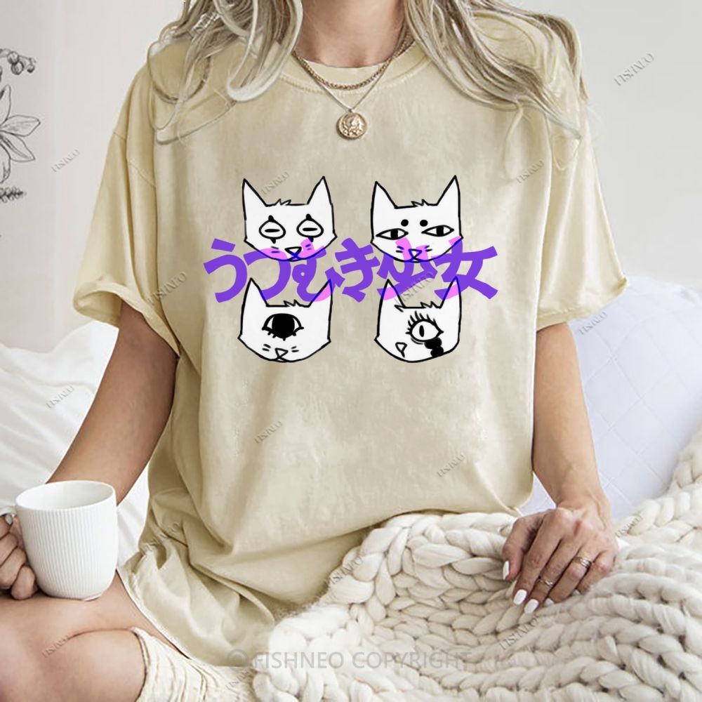 Unisex Japanese Cat Printed Washed Tee