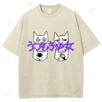 Unisex Japanese Cat Printed Washed Tee