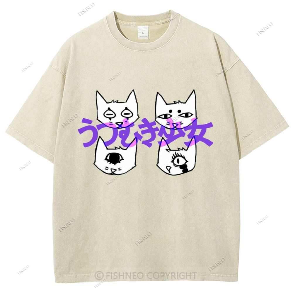 Unisex Japanese Cat Printed Washed Tee