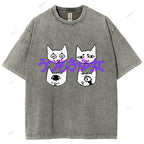 Unisex Japanese Cat Printed Washed Tee