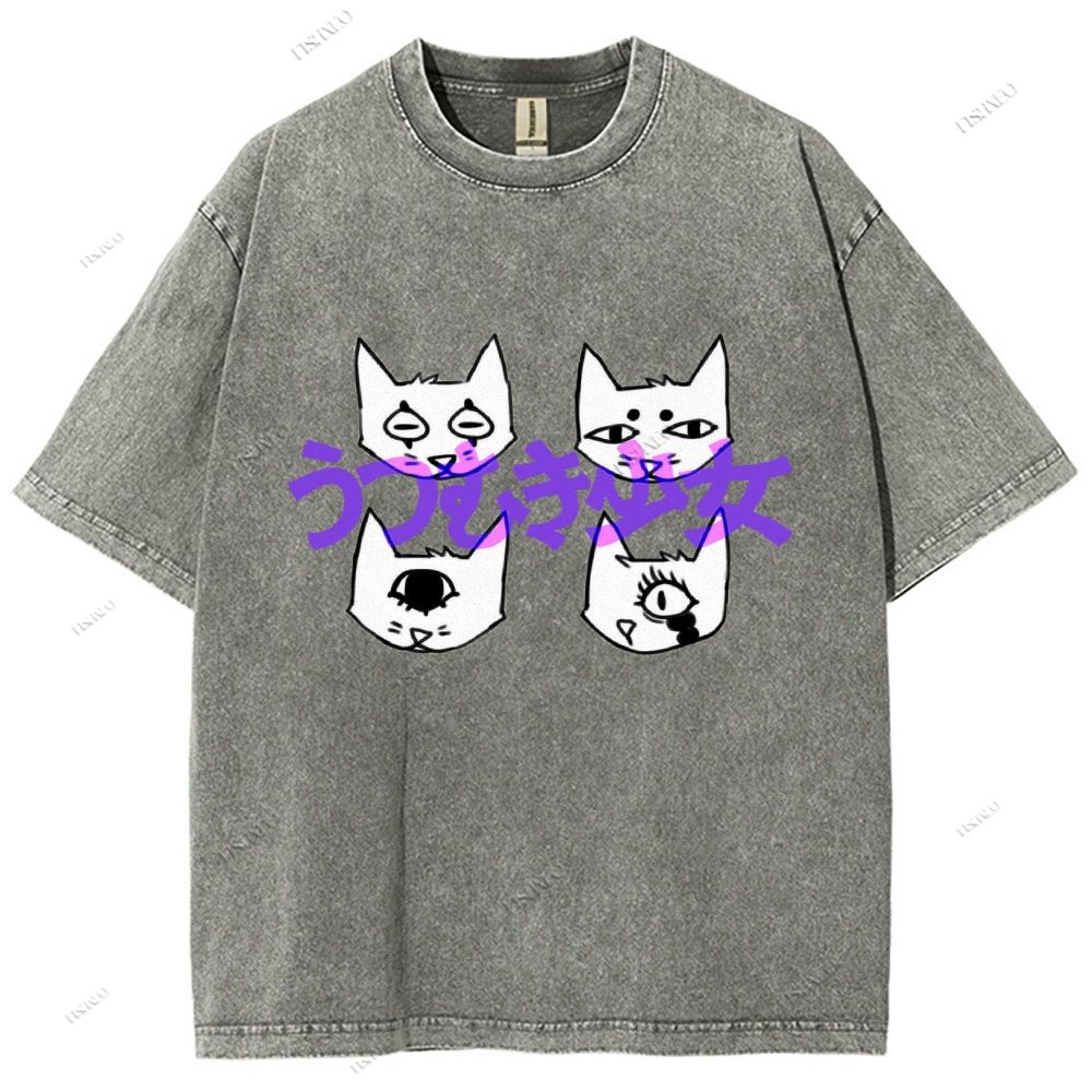 Unisex Japanese Cat Printed Washed Tee