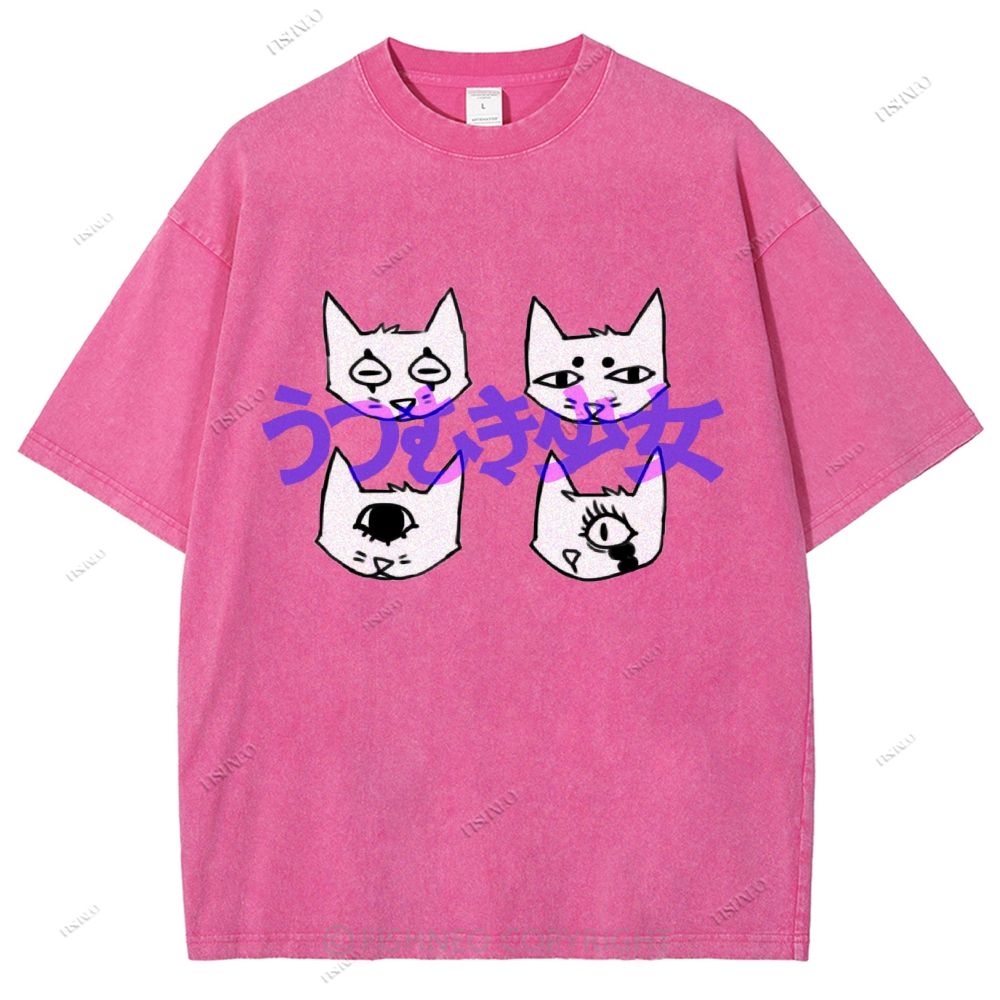 Unisex Japanese Cat Printed Washed Tee