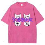 Unisex Japanese Cat Printed Washed Tee