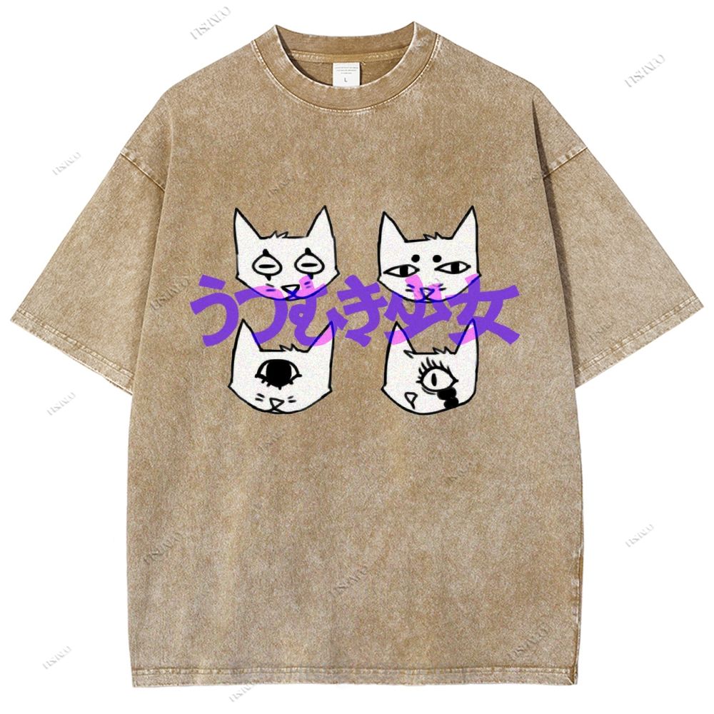 Unisex Japanese Cat Printed Washed Tee