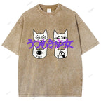 Unisex Japanese Cat Printed Washed Tee