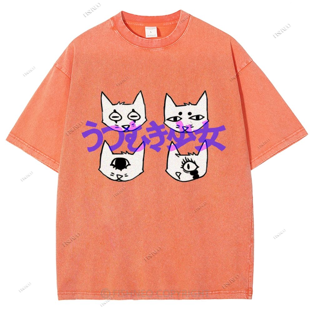 Unisex Japanese Cat Printed Washed Tee