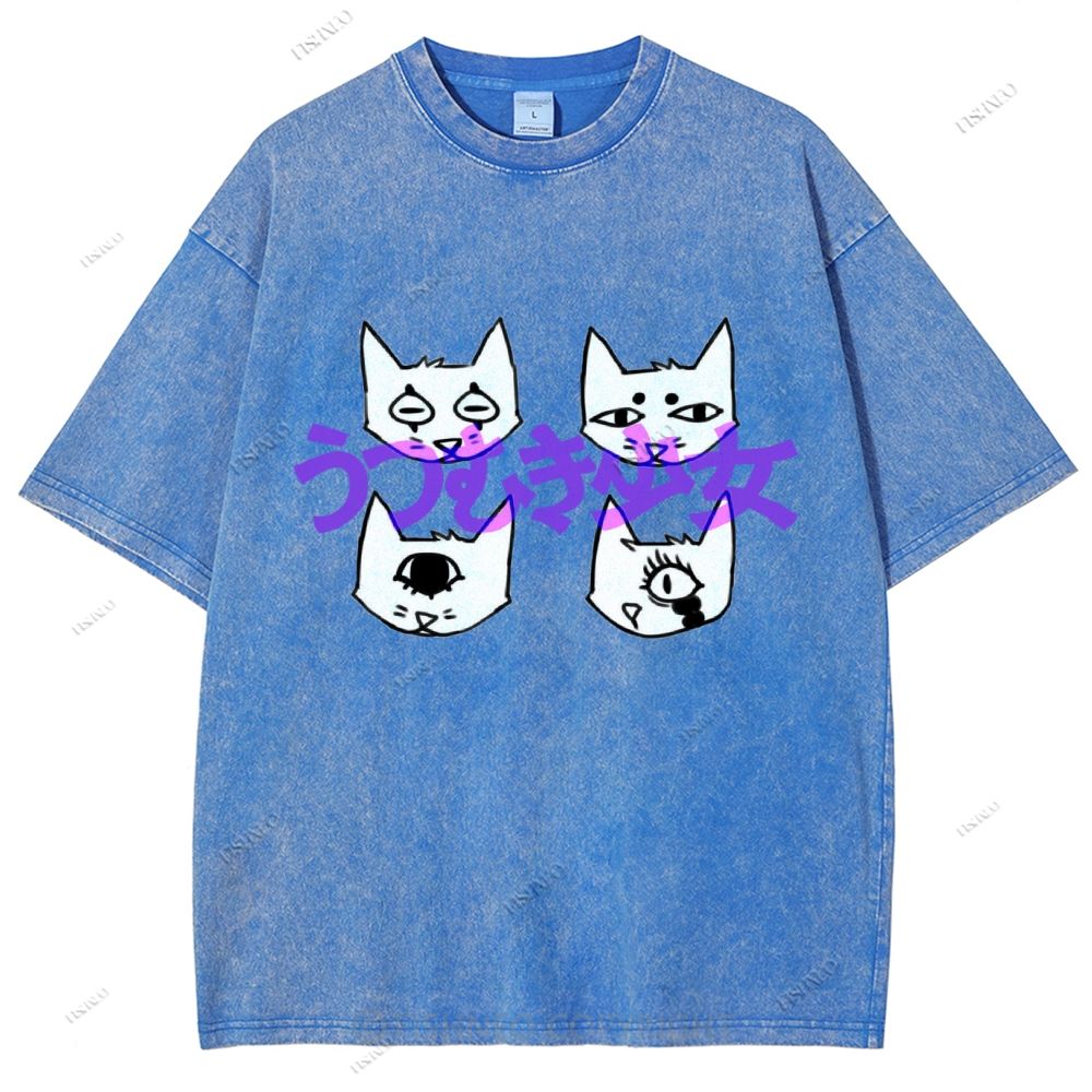 Unisex Japanese Cat Printed Washed Tee