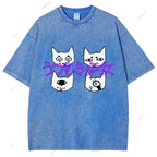 Unisex Japanese Cat Printed Washed Tee