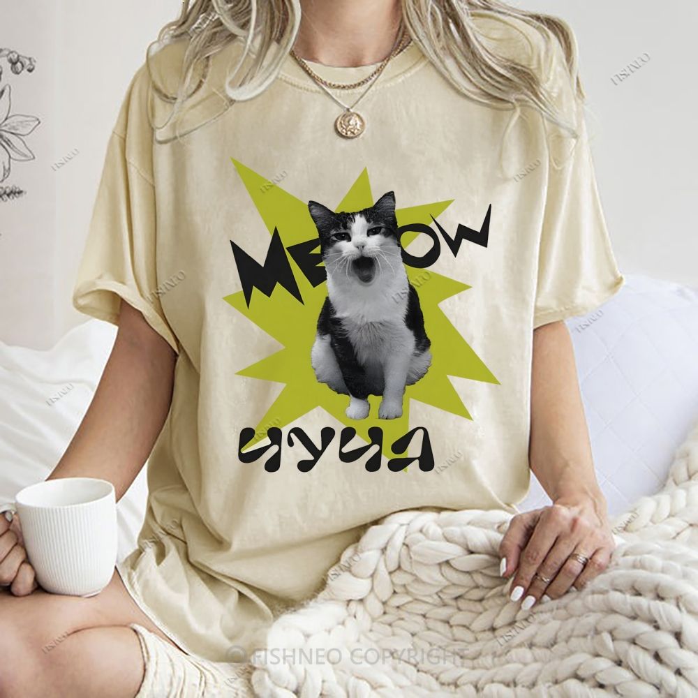 Unisex Cat Printed Washed Tee