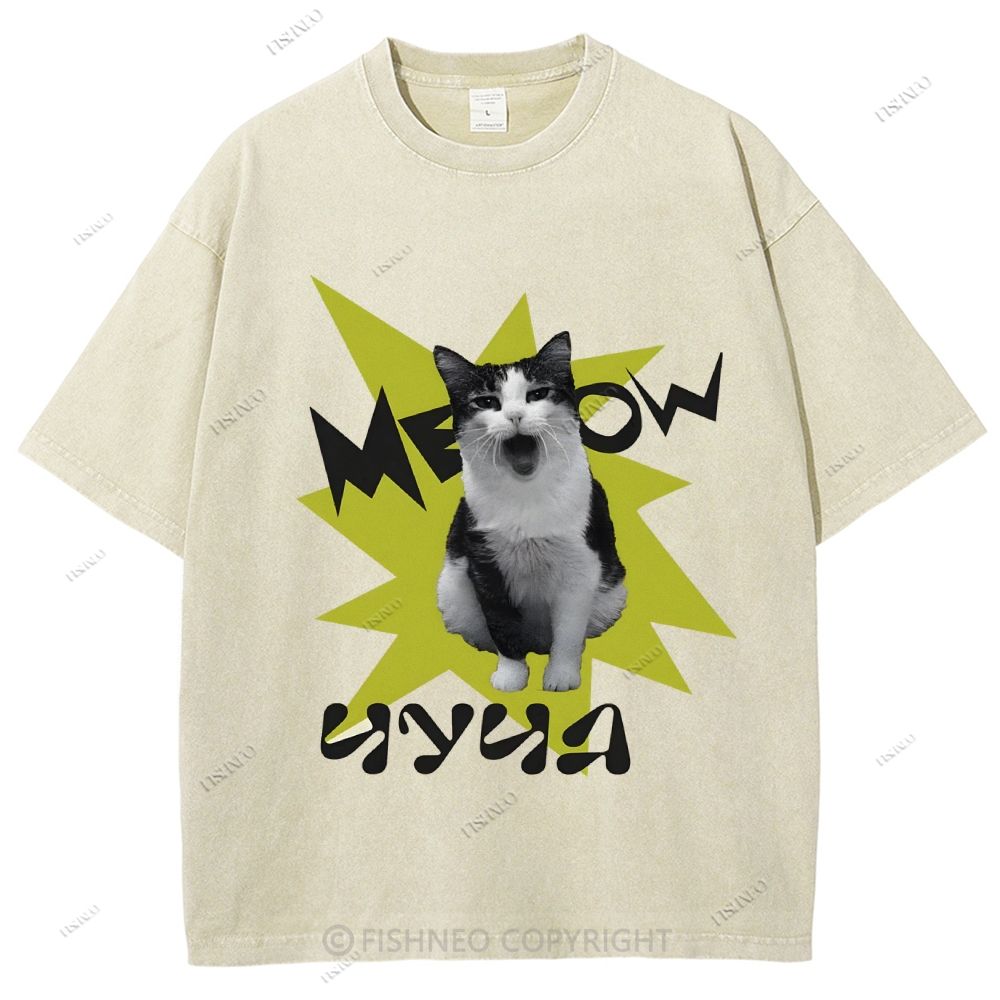 Unisex Cat Printed Washed Tee