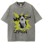 Unisex Cat Printed Washed Tee