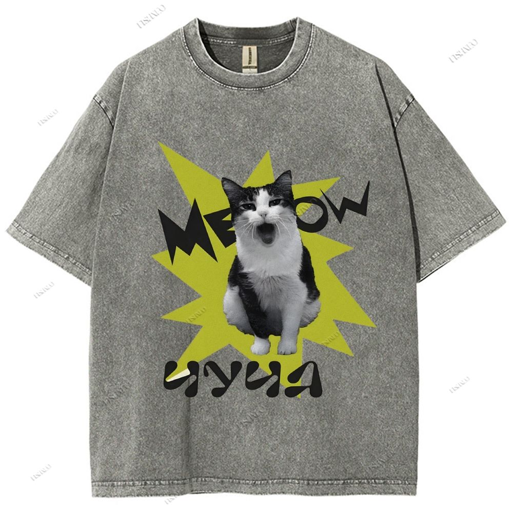 Unisex Cat Printed Washed Tee