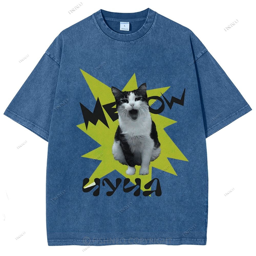 Unisex Cat Printed Washed Tee