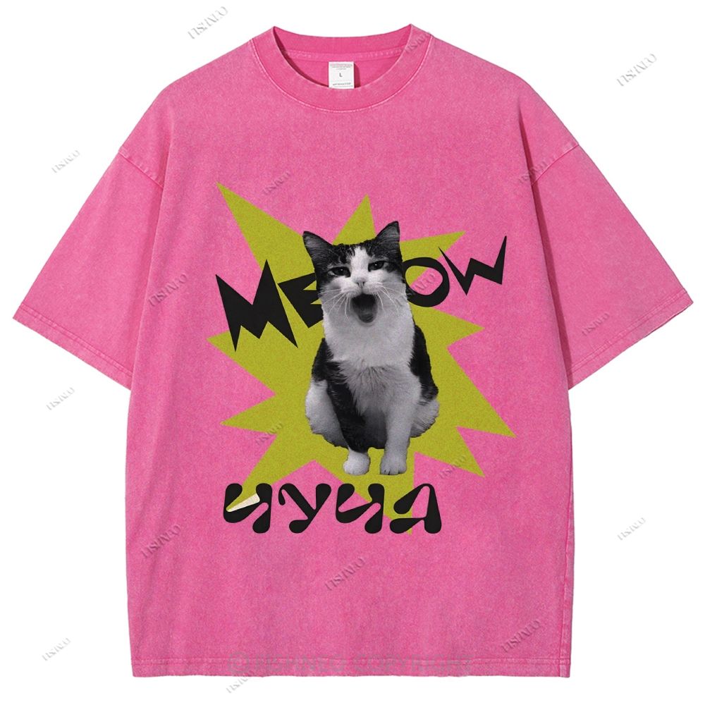 Unisex Cat Printed Washed Tee