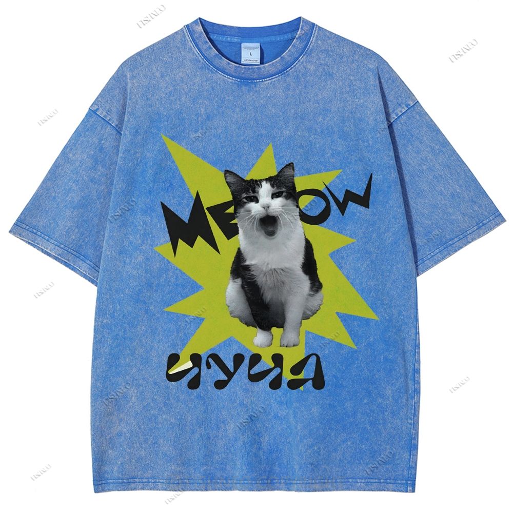 Unisex Cat Printed Washed Tee