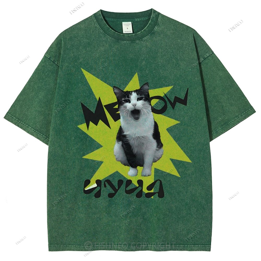 Unisex Cat Printed Washed Tee