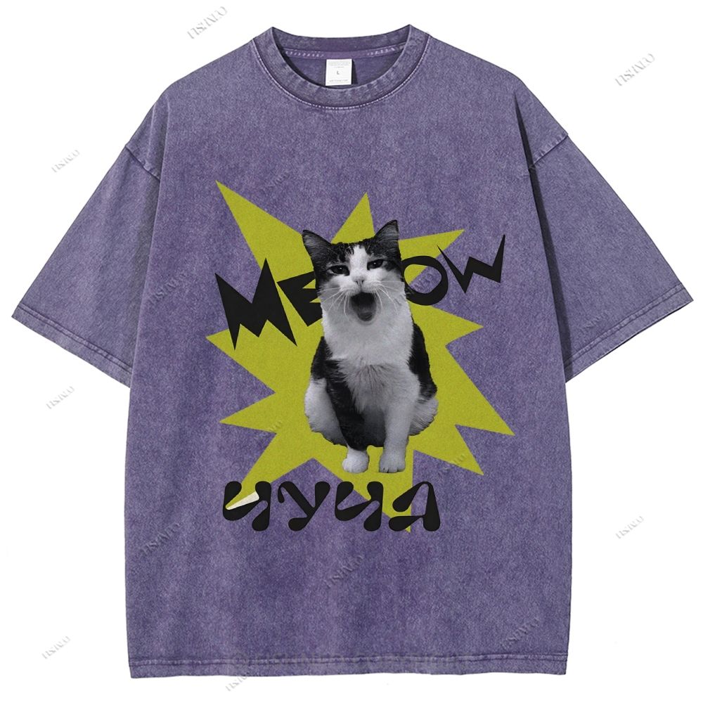 Unisex Cat Printed Washed Tee
