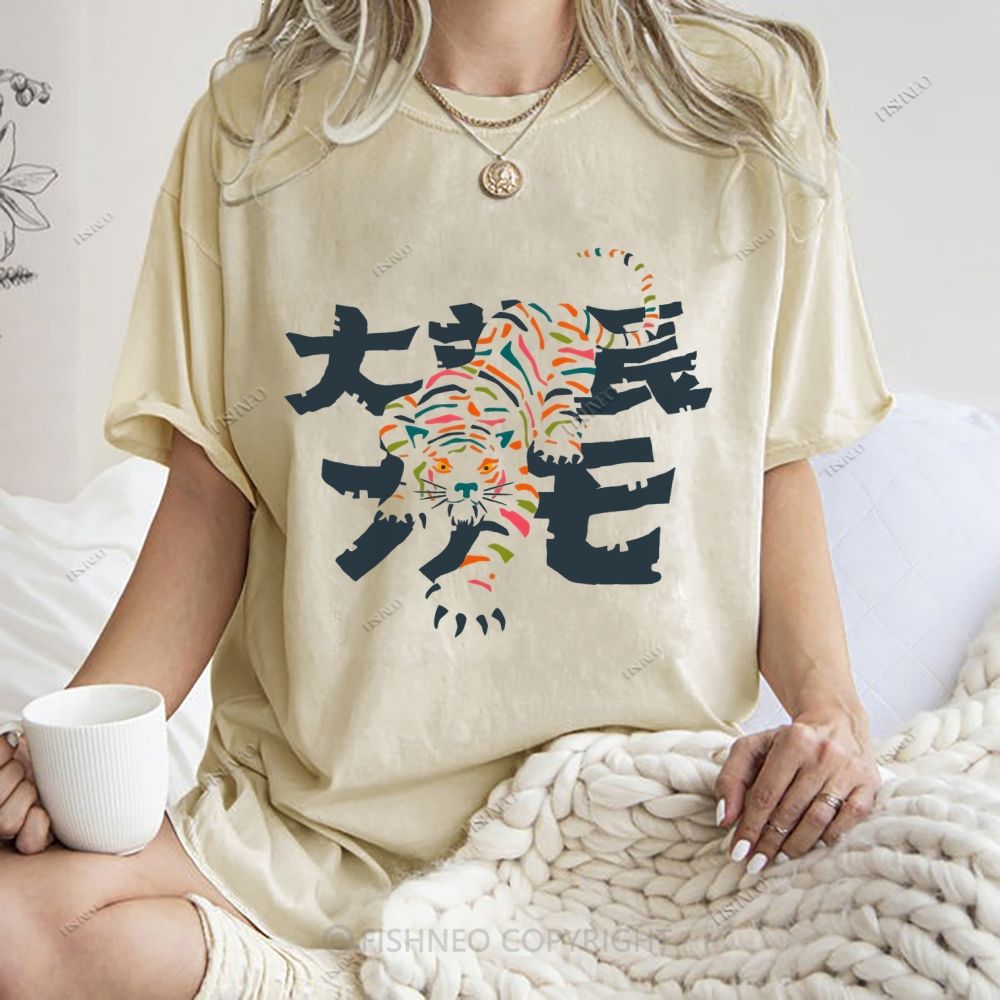 Unisex Japanese Tiger Printed Washed Tee