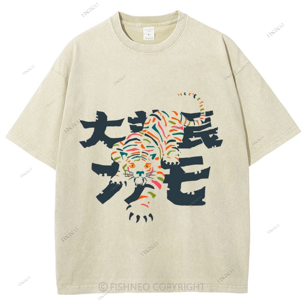 Unisex Japanese Tiger Printed Washed Tee