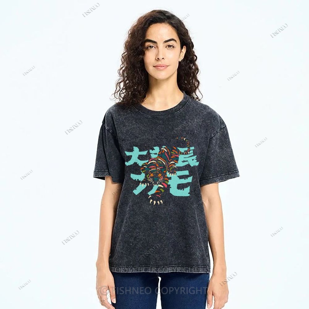 Unisex Japanese Tiger Printed Washed Tee