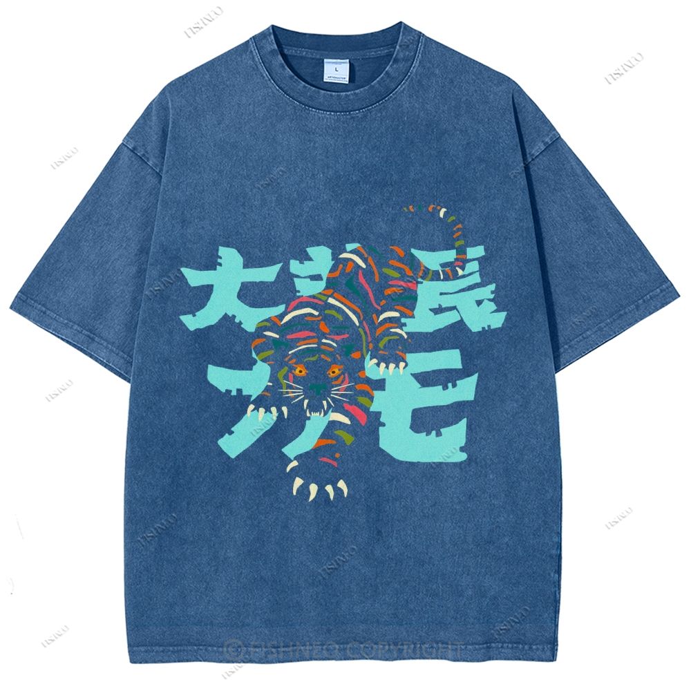 Unisex Japanese Tiger Printed Washed Tee