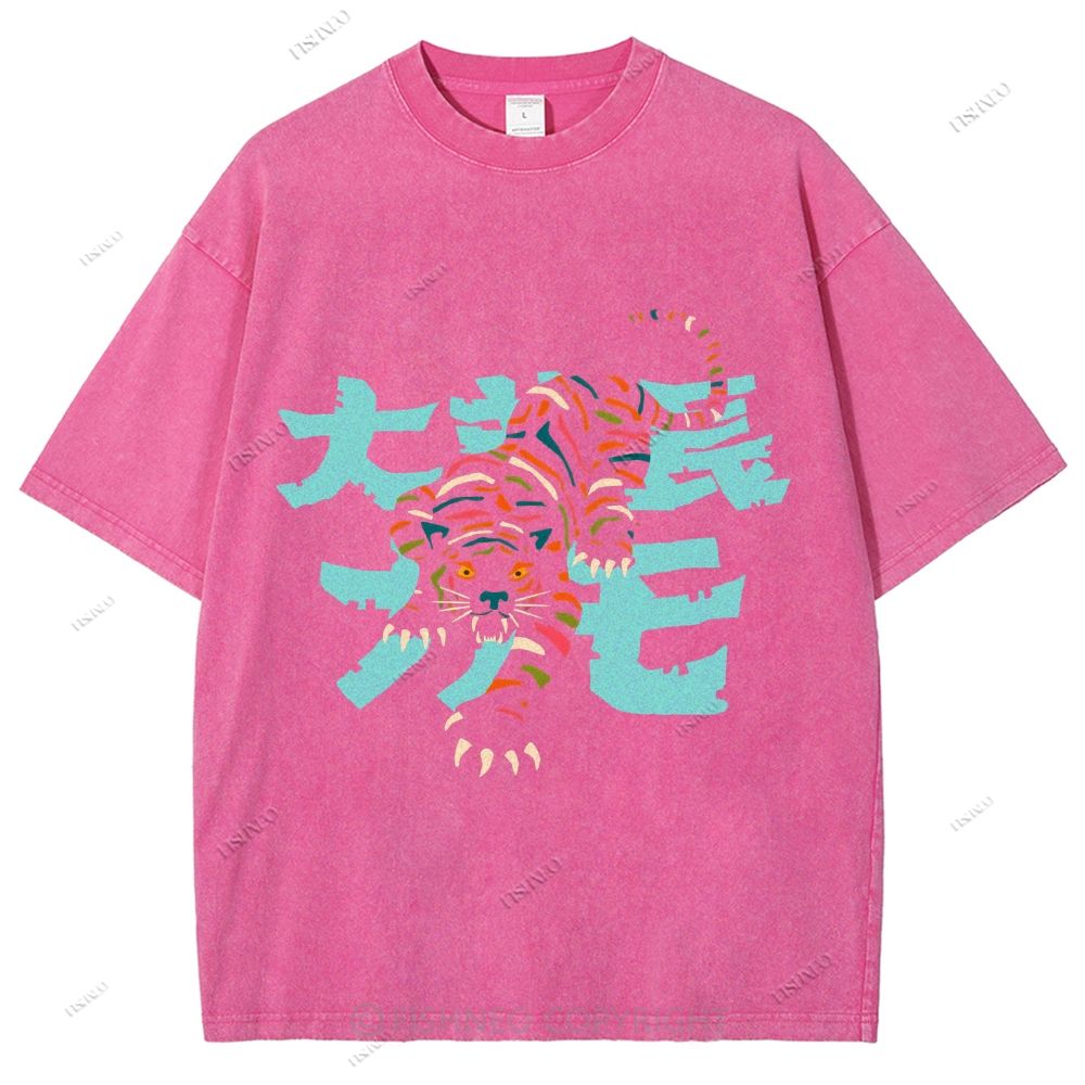Unisex Japanese Tiger Printed Washed Tee