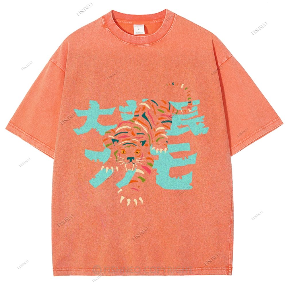Unisex Japanese Tiger Printed Washed Tee