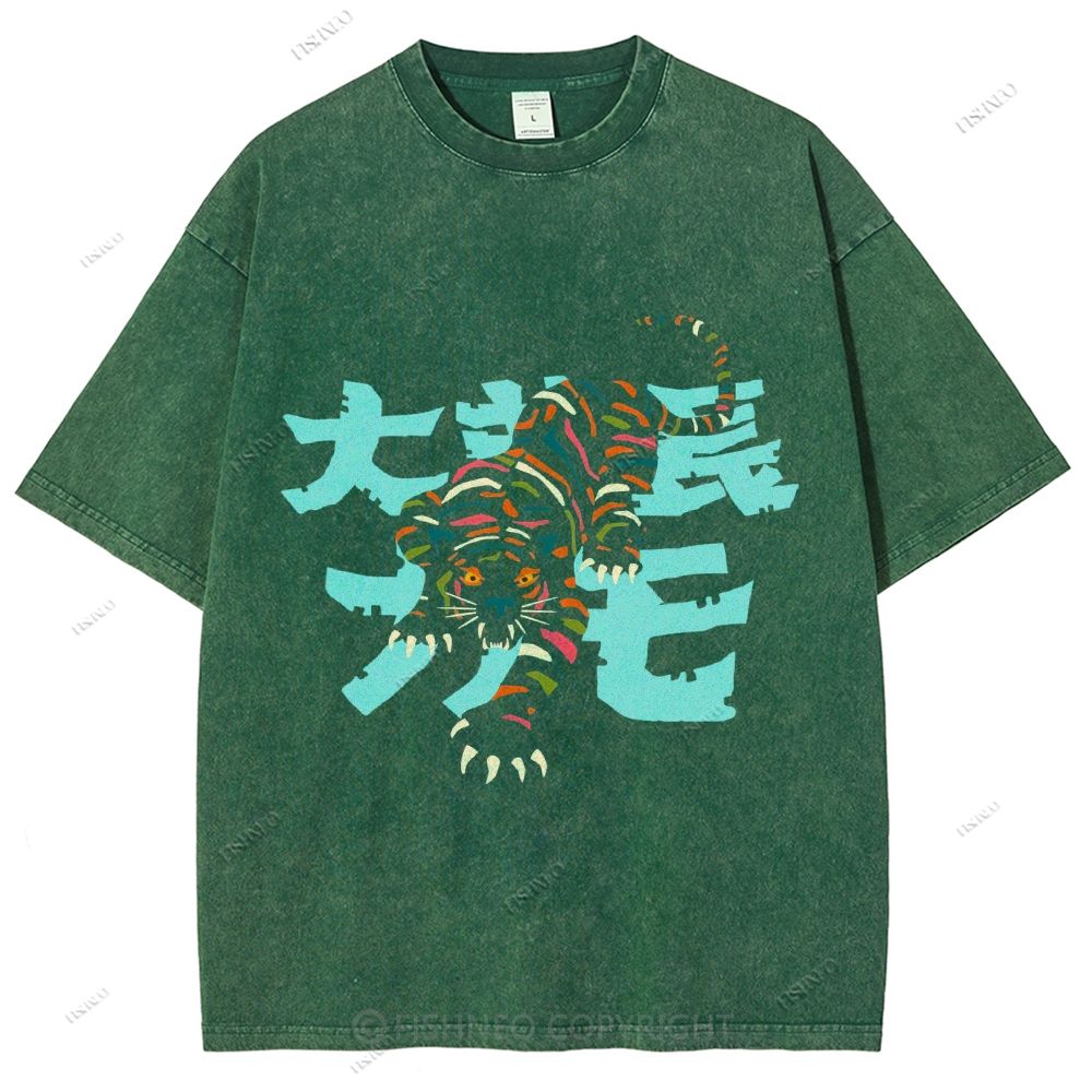 Unisex Japanese Tiger Printed Washed Tee
