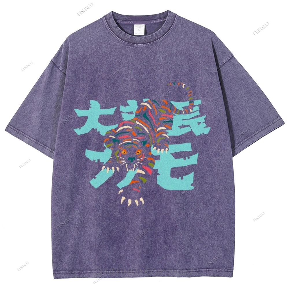 Unisex Japanese Tiger Printed Washed Tee