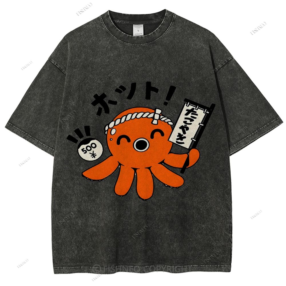 Unisex Japanese Octopus Printed Washed Tee