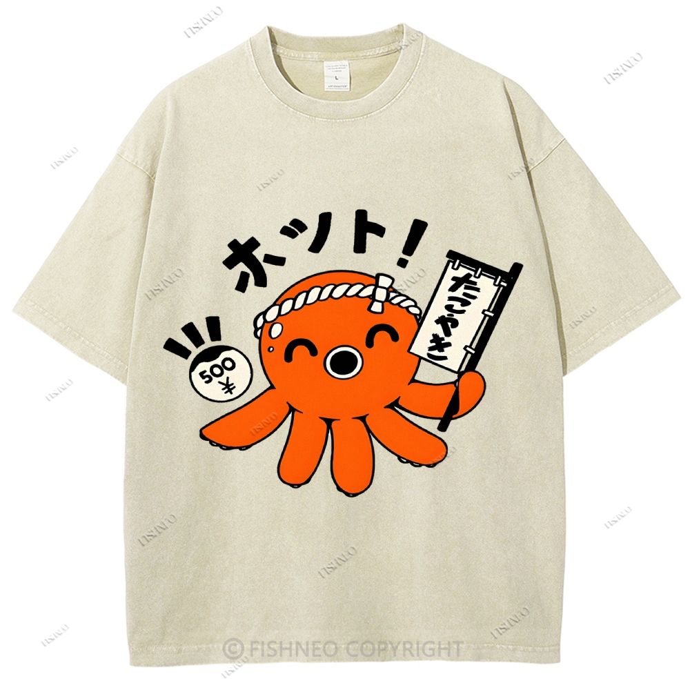 Unisex Japanese Octopus Printed Washed Tee