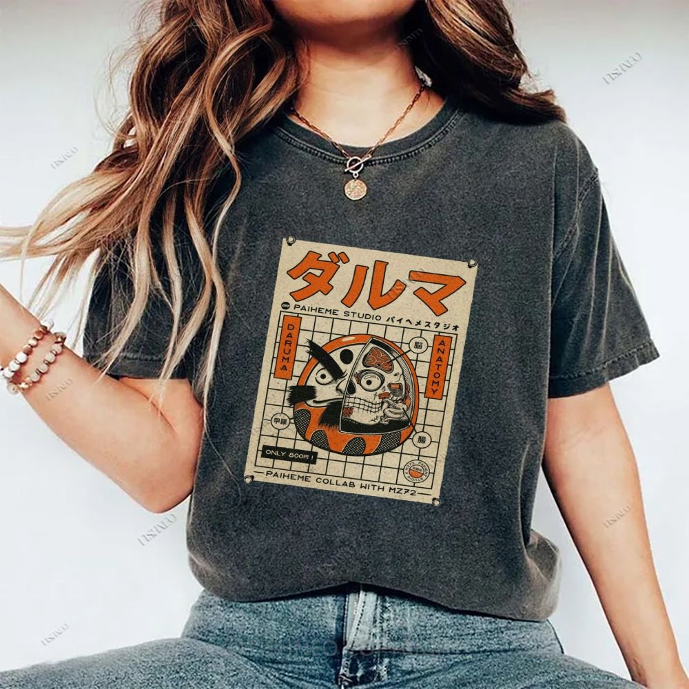 Unisex Japanese Bodhidharma Printed Washed Tee