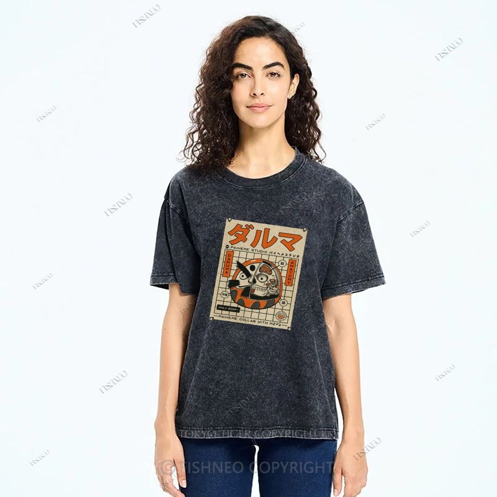 Unisex Japanese Bodhidharma Printed Washed Tee