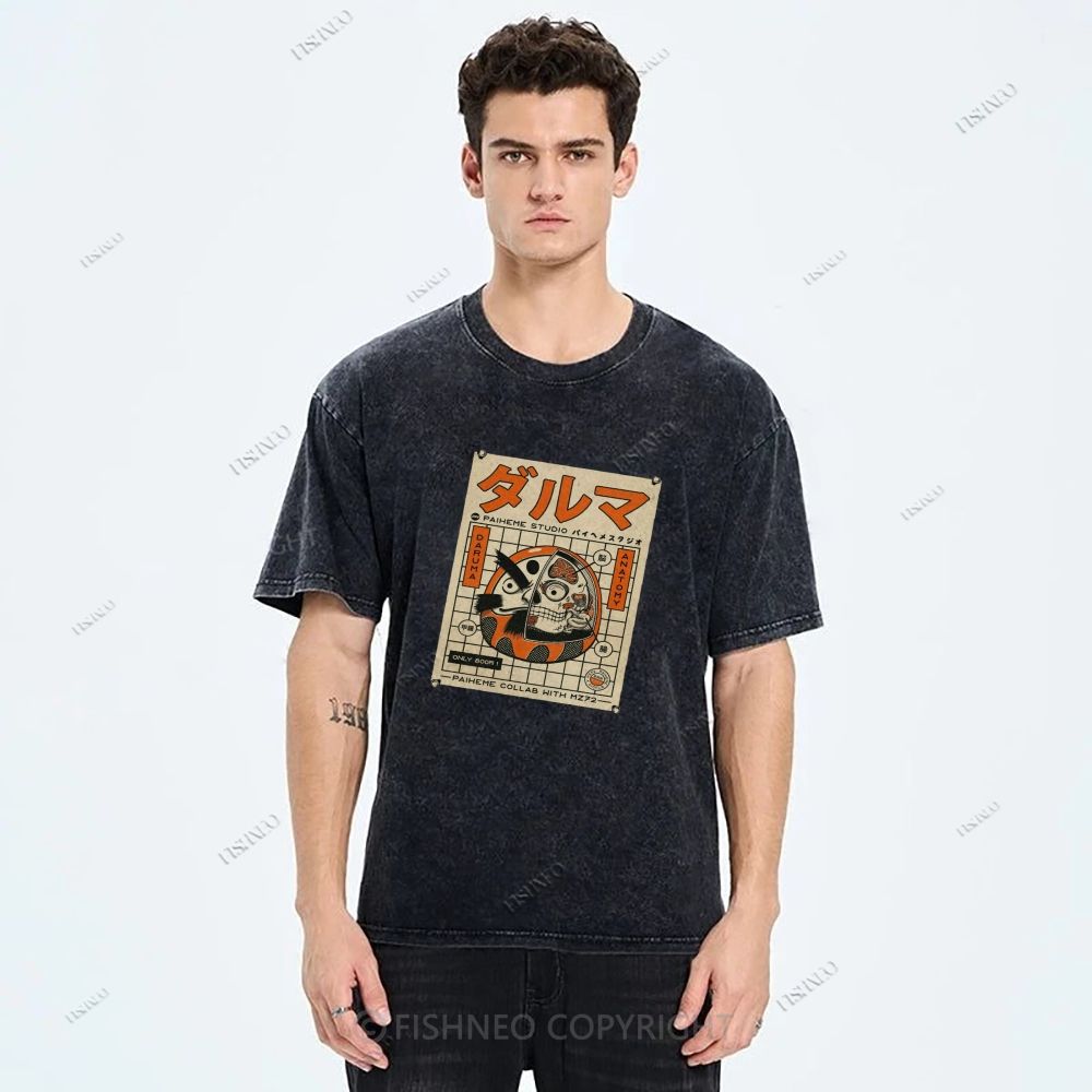 Unisex Japanese Bodhidharma Printed Washed Tee