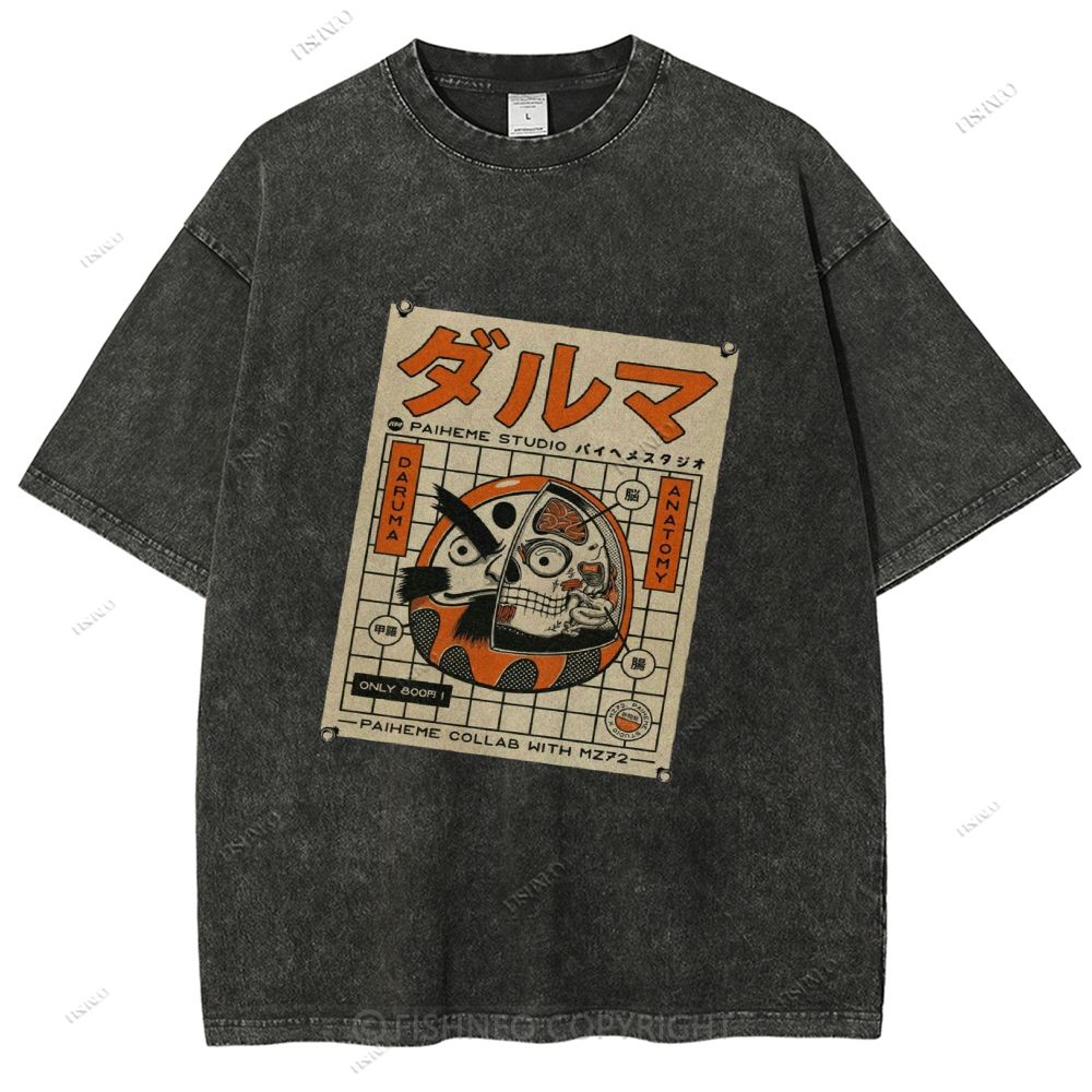 Unisex Japanese Bodhidharma Printed Washed Tee