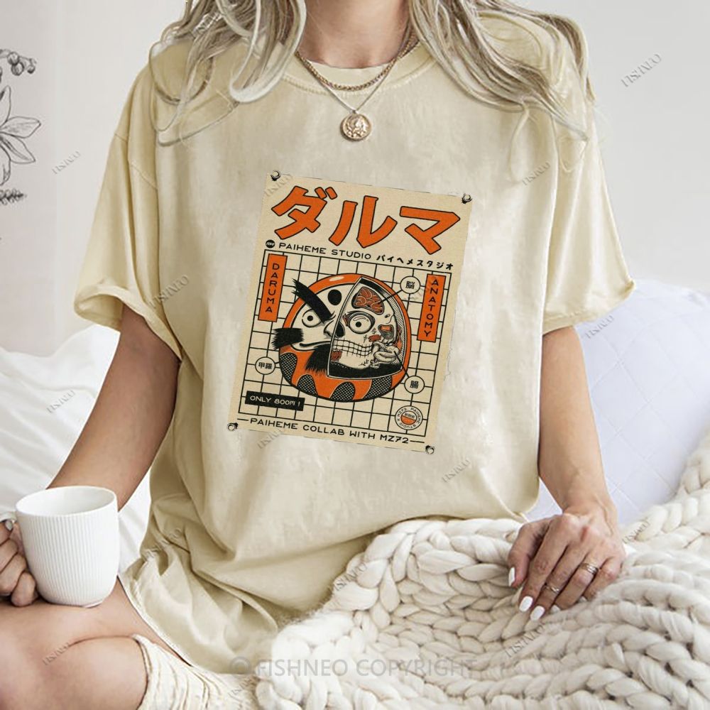 Unisex Japanese Bodhidharma Printed Washed Tee