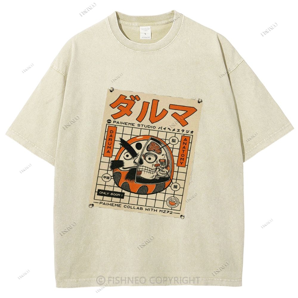Unisex Japanese Bodhidharma Printed Washed Tee