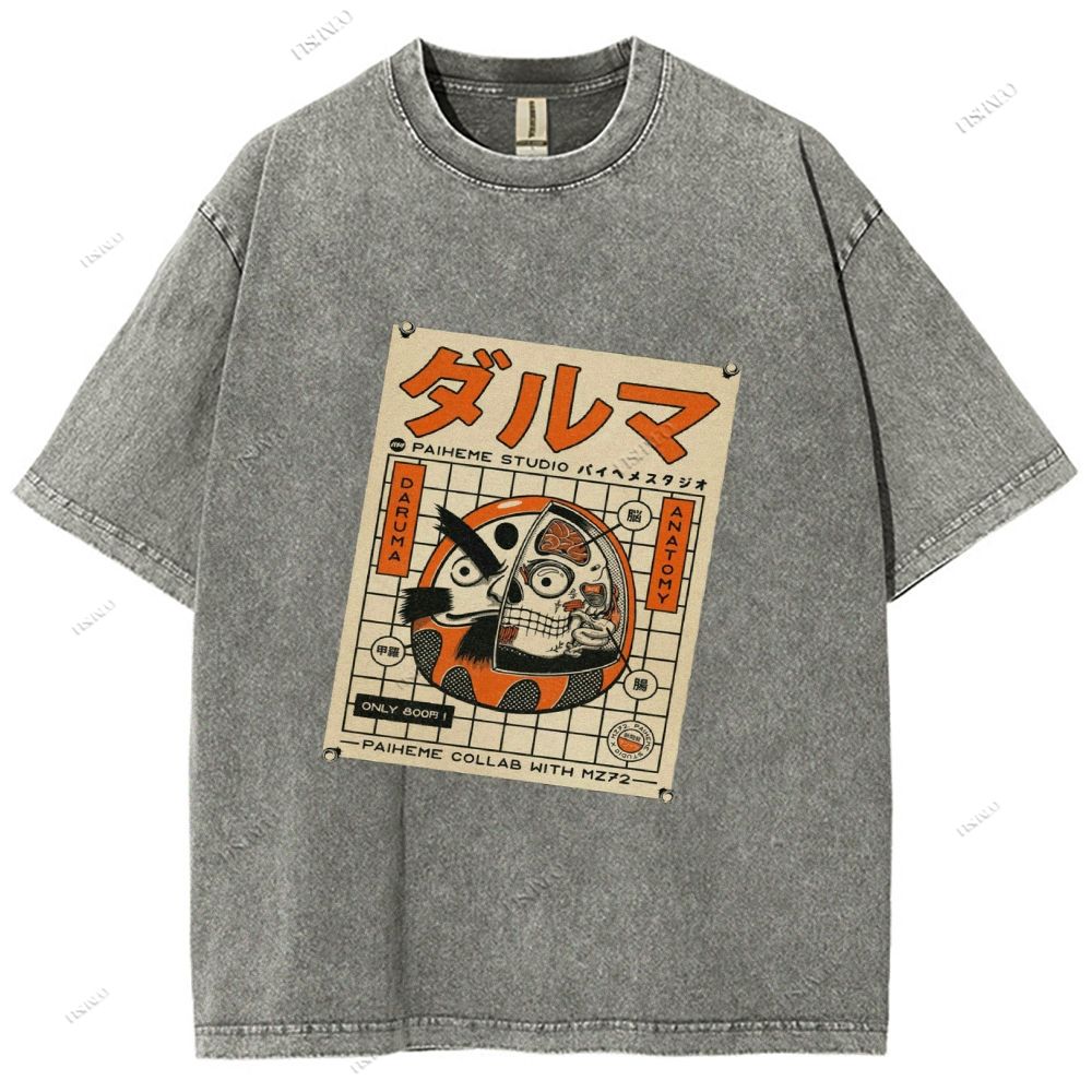 Unisex Japanese Bodhidharma Printed Washed Tee