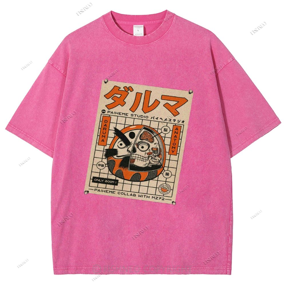 Unisex Japanese Bodhidharma Printed Washed Tee