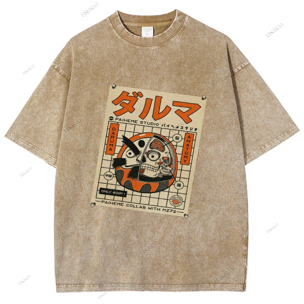 Unisex Japanese Bodhidharma Printed Washed Tee