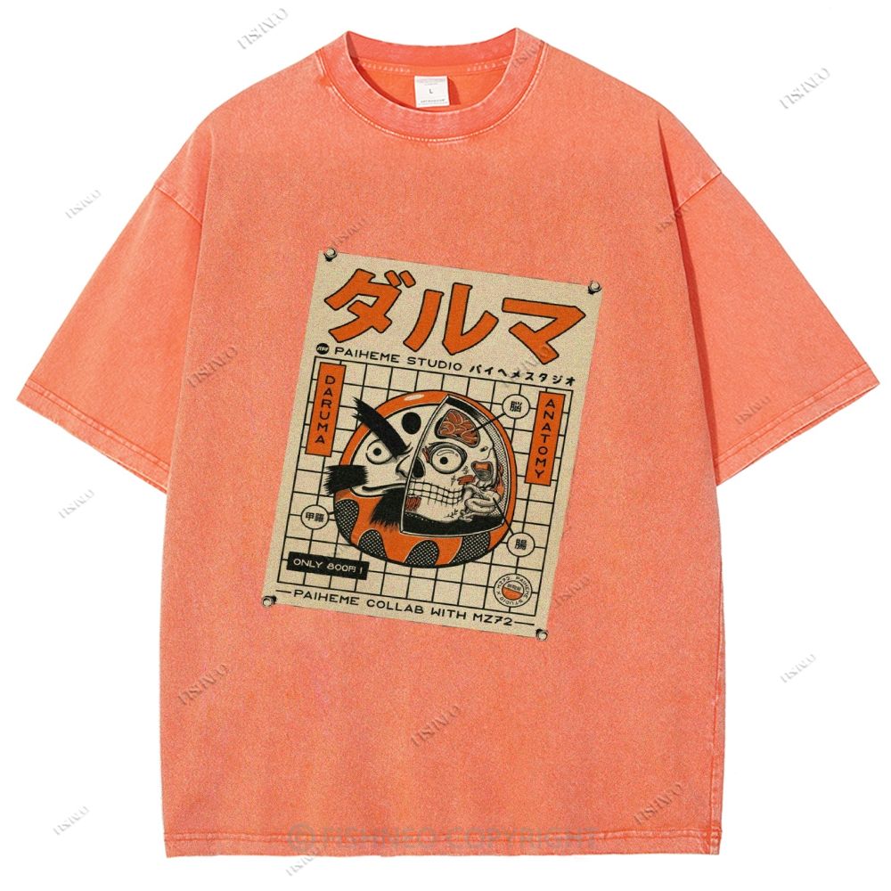 Unisex Japanese Bodhidharma Printed Washed Tee
