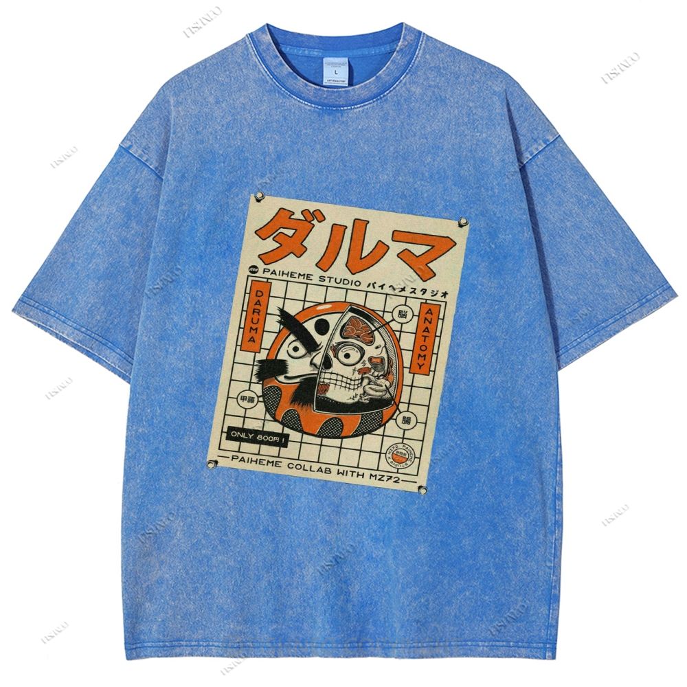 Unisex Japanese Bodhidharma Printed Washed Tee