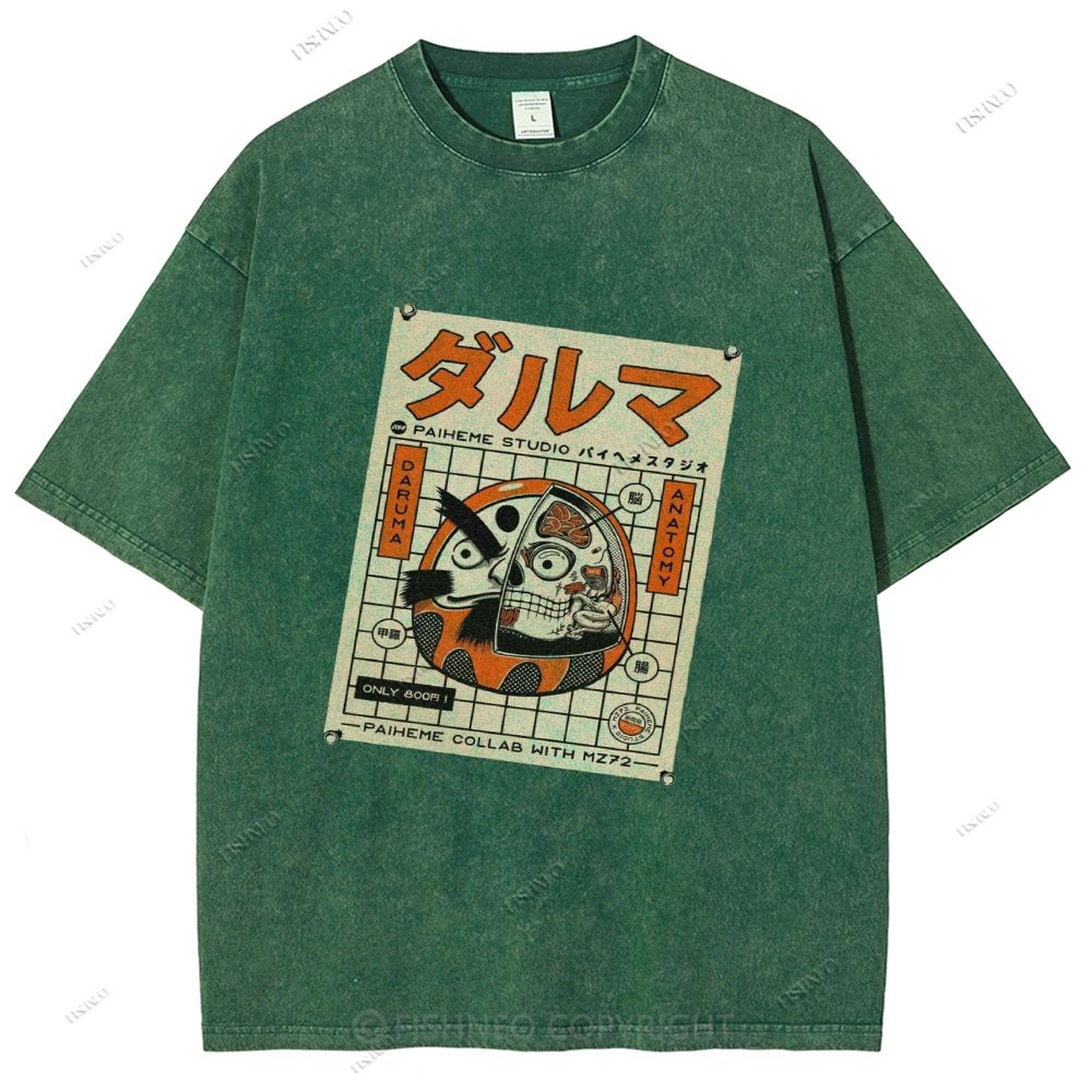 Unisex Japanese Bodhidharma Printed Washed Tee